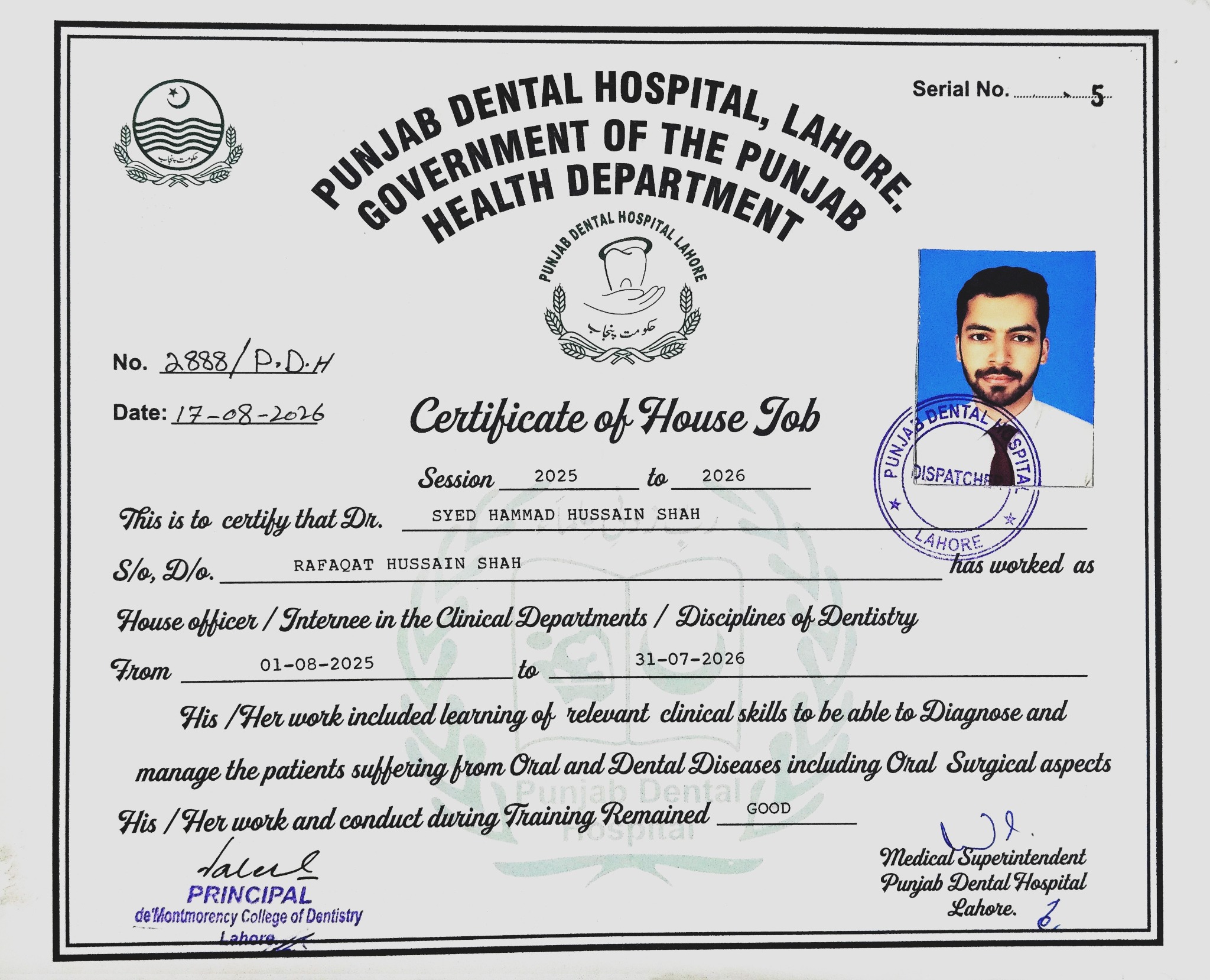 Certificate of House Job — Punjab Dental Hospital, Lahore